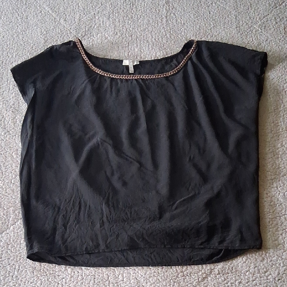 Joie Black Top with Gold Leather Chain Detail